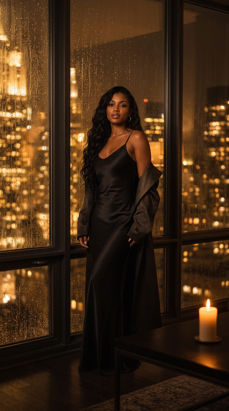 Nyanda Blaze in a black silk dress beside a rain-streaked window at night